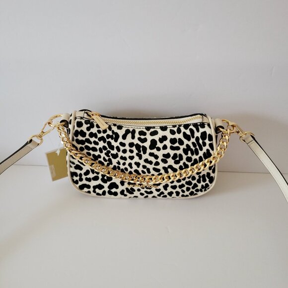 Michael Kors Carmela Small Pouchette Crossbody Bag Light Cream Leather Haircalf - Picture 1 of 7